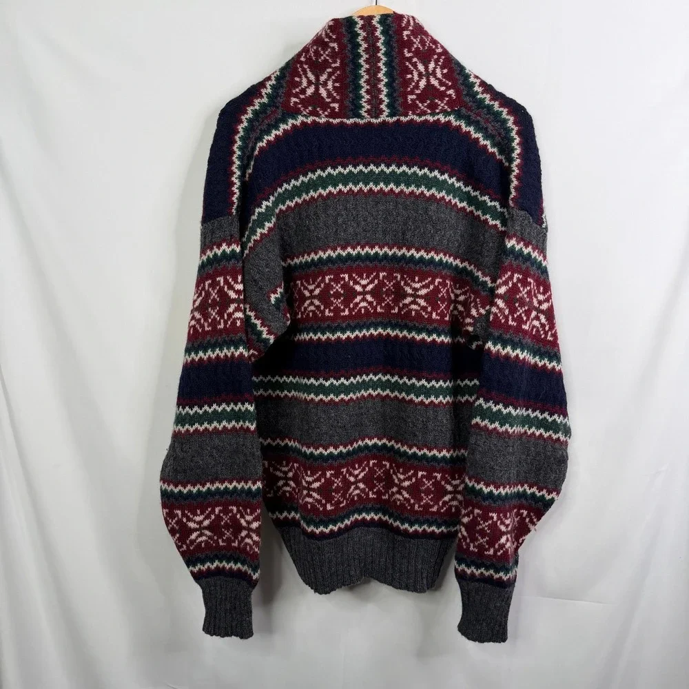 Austin Reed Mens Shetland Wool Fair Isle Sweater Grey Burgundy Button Neck M